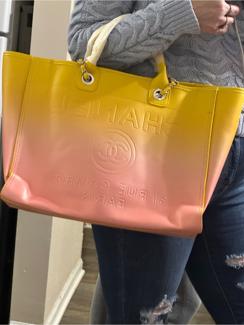 Yellow to Pink Ombre Large Tote with Chain Handles